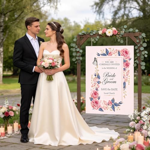 Wedding Welcome Sign Stand, Adjustable Wooden Sign Holder Stand, Heavy Duty Wood Easel with Poster Design Templates & Ground Stakes for Wedding, Bridal Baby Shower, Birthday Party