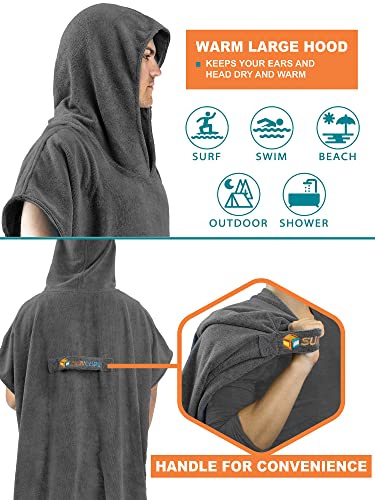 SUN CUBE Surf Poncho Changing Robe with Hood, Wetsuit Changing Hooded Towel | Thick Quick Dry Microfiber, Wetsuit Changing Towel, Surfing Beach Swim Outdoor Sports Cover Up, Adult Wearable Poncho - color: Grey