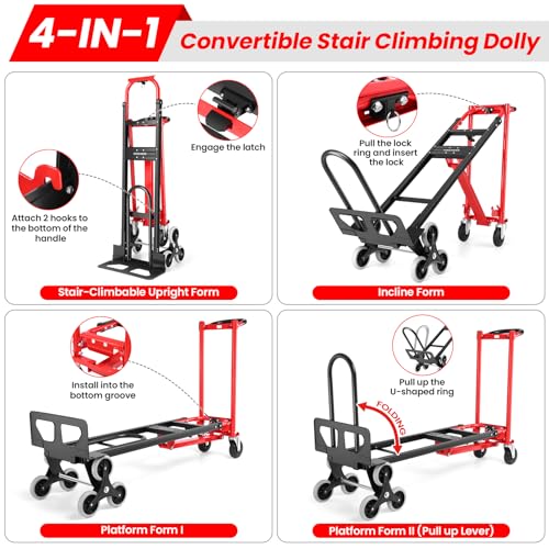 4-in-1 Stair Climbing Cart/Hand Truck Dolly,Convertible Platform Cart Red - color: Red