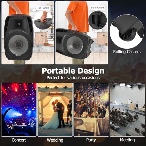 GOFLAME Portable 15" PA Speaker System Set, 1500W Powered 2-Way TWS Bluetooth DJ Party Speaker with Stand, Illuminating Light, USB/SD Card Reader, Microphone