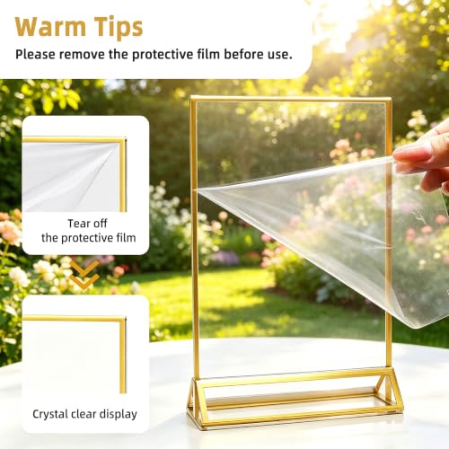 3 Pack Gold Acrylic Sign Holder 8.5 x 11 Inches, Double-Sided Gold Frames | Clear Tabletop Display Stand, Vertical Menu & Flyer Holder for Restaurants, Cafes, Stores, Hotels, Offices, Reception Desk