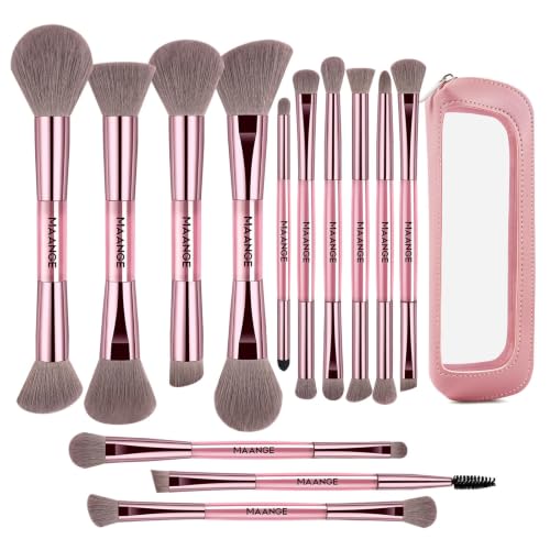 MAANGE 13 Pcs Foundation Makeup Brush Set With Bag, Make up Brushes, Double-End Multi Functional Makeup Brushes, Professional Face Brush Set Tools For Liquid Powder Concealer Cream Blush (Pink) - color: Pink