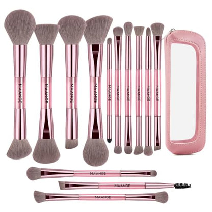 MAANGE 13 Pcs Foundation Makeup Brush Set With Bag, Make up Brushes, Double-End Multi Functional Makeup Brushes, Professional Face Brush Set Tools For Liquid Powder Concealer Cream Blush (Pink) - color: Pink