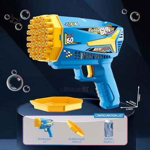 Bubble Machine Gun Kids Toys 60 Holes Bubble Machine with Bubble Solution | Bubble Blaster Gun with Bubble Solution,Outdoor Toy Birthday Party Favors Gifts for Boys Girls Age 3 4 5 6 7 8 9 10 Years Old - color: Blue