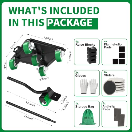 Heavy Duty Furniture Dolly 360 Rotate 5 Wheels 3400 Lbs Capacity 8.6x7.8 in | Upgraded Furniture Movers with Green Wheels, 6 Sliders, Alloy Steel Furniture Lifter Tool for Home & Office Uses - color: Green, size: 8.6x7.8 IN-6 Sliders