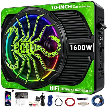 2026 Upgraded 10" 1600W Slim Under Seat Car Subwoofer with Built-in Amp & LED Ambient Lights - Low Profile Bass Sub for Car Audio Individual Controls (LPF/Gain/Bass Boost) High Output Distortion-Free - color: Green XZ