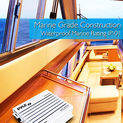 Pyle 4-Channel Marine Amplifier - 400W Elite Hydra Series Water Resistant Amplifier with Dual MOSFET Power Supply, RCA Connectivity with Level Control, LED Indicator, Fuse Protection - PLMRA400.5