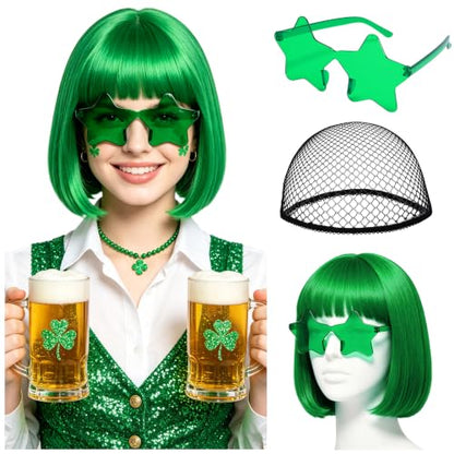 Short Bob Straight Hair Wigs with Bangs, Heat Resistant Fiber Hair, Star-shaped Glasses for Women (Green) - color: Green
