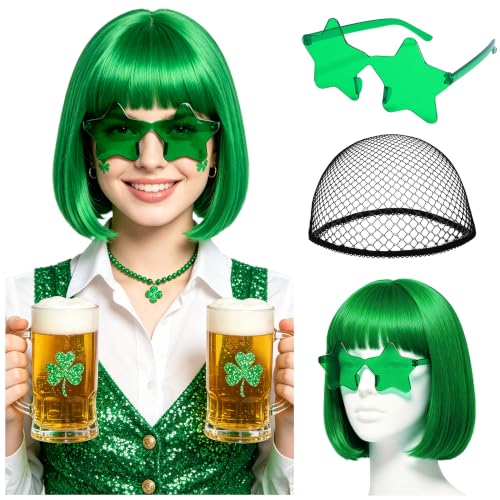 Short Bob Straight Hair Wigs with Bangs, Heat Resistant Fiber Hair, Star-shaped Glasses for Women (Green) - color: Green