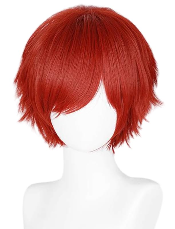LABEAUTÉ Short Fresh Red Anime Cosplay Wig Male Men Anime Layered Unisex Heat Resistant Hair Wig with Bangs for Party and Halloween for Gift + Free Cap - color: Fresh Red