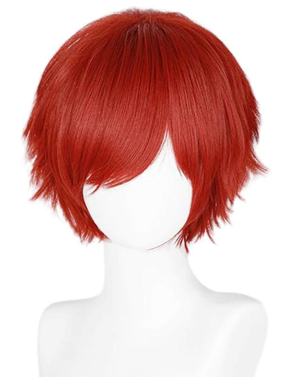 LABEAUTÉ Short Fresh Red Anime Cosplay Wig Male Men Anime Layered Unisex Heat Resistant Hair Wig with Bangs for Party and Halloween for Gift + Free Cap - color: Fresh Red