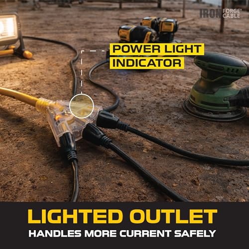 Iron Forge Cable 50 Foot Lighted Outdoor Extension Cord with 3 Electrical Power Outlets - 12/3 SJTW Heavy Duty Yellow Extension Cable with 3 Prong Grounded Plug for Safety, 15 AMP - size: 50 ft