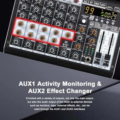 BOMGE Professional audio mixer 6 Channel Mixing Console with 99 DSP Effect,+48V Phantom, Bluetooth,USB Interface.2 AUX.FX Processor for studio recording & Live Performances