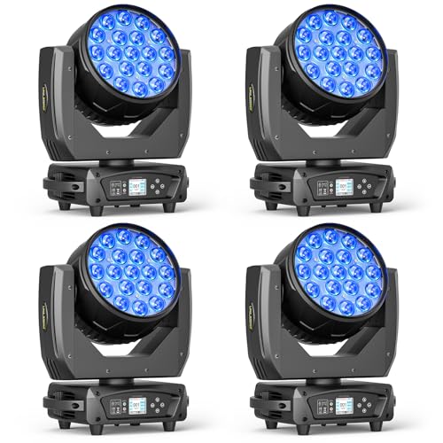 19x15W RGBW 4in1 Moving Head DJ Lights, Beam/Wash/Zoom Effect Stage Lighting, DMX512 & Sound Activated Control for Party Wedding Disco KTV Bar Stage Show -4 Pack - color: 4 Pack