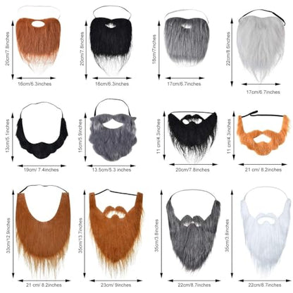 WILLBOND 12 Pcs Fake Beard Mustache Halloween Cosplay Costume Accessories | Adjustable Elastic Rope,Multiple Styles, Cosplay Whiskers, Facial Hair Disguise, Males Dress Up