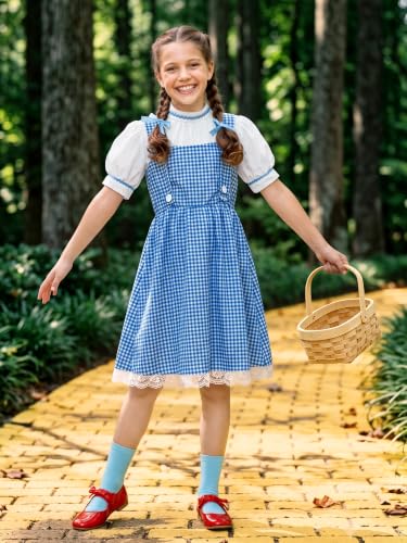 Girls Halloween Blue Gingham Costume | Multi-Piece Set, Book Character Style, Adjustable Front Straps, Puff-Sleeve Dress - color: White & Blue (4 Pcs), size: 6 Years