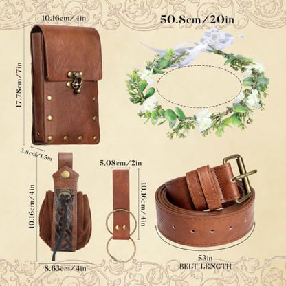 Renaissance Belt Pouch Set with Wreath - Renaissance Accessories with Pirate Belt Pouch for Halloween Cosplay & LARP - color: Brown-a