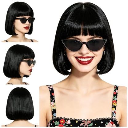 Short Bob Straight Hair Wigs with Bangs, Synthetic Fiber Colorful Hair, Cat Eye Glasses for Women (Black) - color: Black