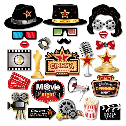 25 Pcs Movie Night Photo Booth Props for Movie Night Party Decoration Supplies, Movies Nights Theme Selfie Props Photography Backdrop Decorations for Movies Nights Party Supplies