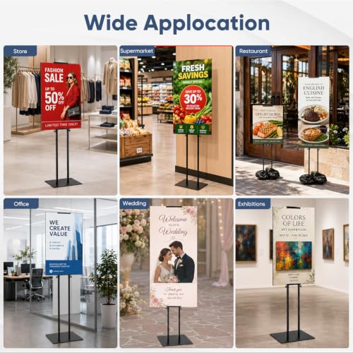 2 Pack Poster Stands for Display, Double Sided Sign Holder with Water Bags | 83 in max height; fits boards 11.8-75 in adjustable high, max 40 in wide and max 0.31 in thick; 4 fillable water bags