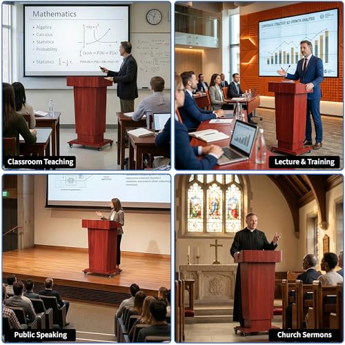 Tredre Wooden Podium Stand with Wheels, 41”–54.5” Height Adjustable Lectern | Mobile Podium with Crank Lift, Stable Base & Storage Shelf, Elegant Pulpit for Churches, Schools, Seminars and Auditoriums - color: Dark Cherry