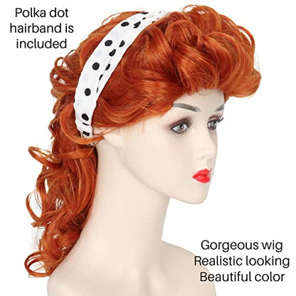 Miss U Hair Long Curly Ginger Red Wig Copper Red 50's Housewife Wig for Women Adult Halloween Costume - color: Orange