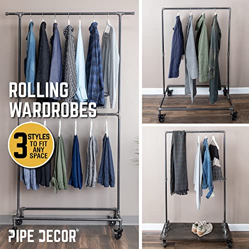 PIPE DECOR 39” x 20 ¼” x 82” Rolling Steel Pipe Double Rod Clothing Rack, Commercial or Residential Industrial Clothes Display, Heavy Duty Black Steel Metal Wheeled Garment Frame - size: 39 in. x 82 in.