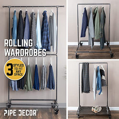 PIPE DECOR 39” x 20 ¼” x 82” Rolling Steel Pipe Double Rod Clothing Rack, Commercial or Residential Industrial Clothes Display, Heavy Duty Black Steel Metal Wheeled Garment Frame - size: 39 in. x 82 in.