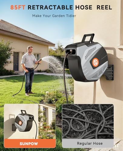 SUNPOW Retractable Garden Hose Reel - 1/2 inch x 85ft Heavy Duty Wall Mounted Hose Reel with 3/4 inch Brass Fitting & 10 Sprayer Nozzle - Any Length Lock, Auto Rewind System, 180°Swivel Bracket- Grey - size: 85FT