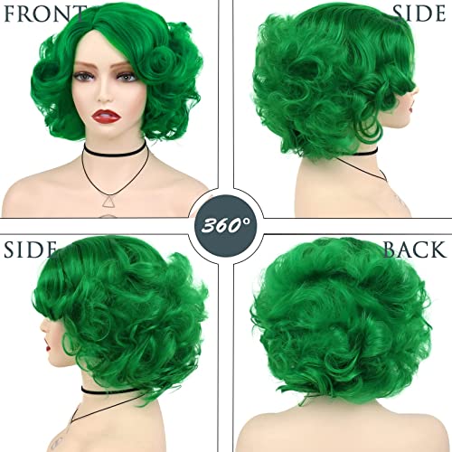 Short Curly Green Wigs For Women Cosplay St Patricks Day Costume Dress Up | Big Layered Wavy Synthetic Hair Halloween Costume Party Drag Queen Dress Up Dark Green Wig with Side Bangs Irish Queen Trendy - color: Green