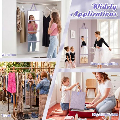 3 Way Foldable Full Length Mirror with Handle 31.89 x 11.22 Inches Leather Portable Camping Travel Hanging Folding Body Mirror for Makeup Dance Fitness Spa Hair Styling(Morandi Purple,Retro)
