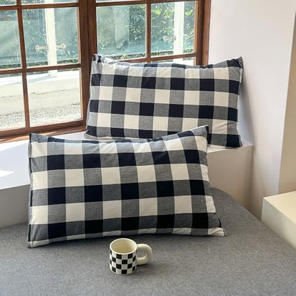 FACE TWO FACE Bedding Duvet Cover Set100% Washed Cotton Duvet Cover Linen Like Textured Breathable Durable Soft Comfy (Queen, Black and White Grid) - color: Black and White Grid, size: Queen