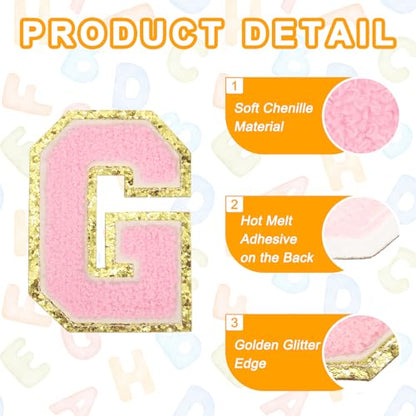 MECCANIXITY Chenille Letter Patches 3.1" Alphabet G Iron on Embroidered Patch Sew on Letter Stickers Applique for Repairing Clothing Jeans Shoes Hats DIY(Pink, Pack of 6) - style: Letter-G