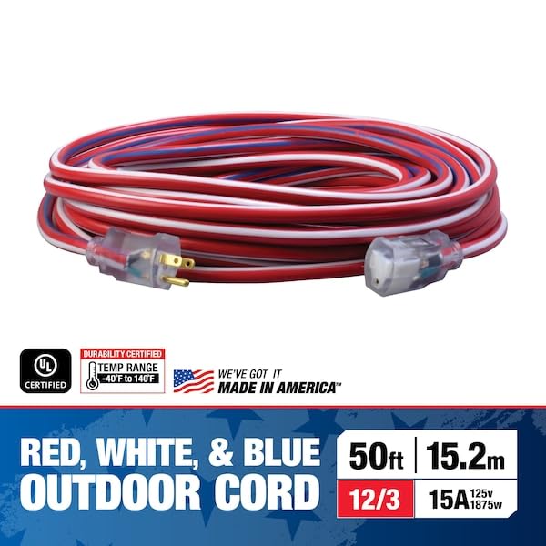 Southwire Heavy Duty Extension Cord, 50Ft, 12 Gauge, 3 Conductor, Outdoor Cord, Lighted End, SJTW, Red/White/Blue, 2548SWUSA1 - size: 50 ft