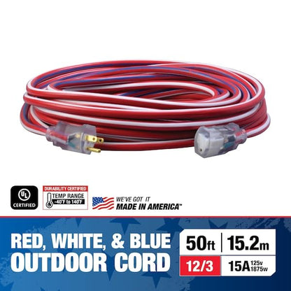 Southwire Heavy Duty Extension Cord, 50Ft, 12 Gauge, 3 Conductor, Outdoor Cord, Lighted End, SJTW, Red/White/Blue, 2548SWUSA1 - size: 50 ft