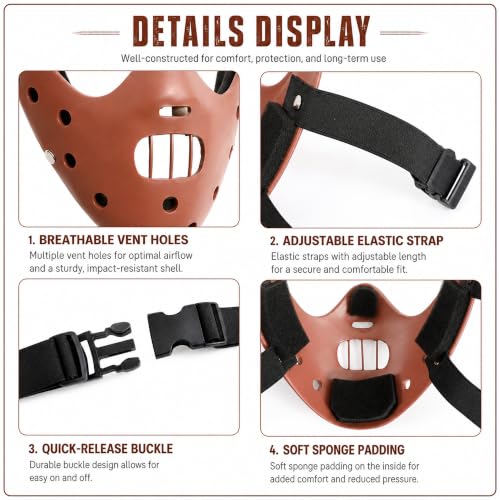 Hannibal Lecter Mask Cosplay The Silence of The Lambs Half Face Resin Mask | Halloween Costume Prop, Durable Resin, Sponge Pads, Adjustable Buckle Straps, Open Mouth Cage, Adult, for Role Play Party - color: Coffee