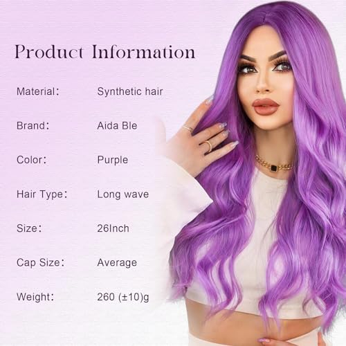 Aida ble Long Wavy Lavender Purple Wig for Women 26inch Middle Part Wig | Natural Looking Synthetic Hair,Suitable for Daily Wear,Party,Halloween and Cosplay,Beginner-friendly,Lightweight and soft - color: Purple One piece