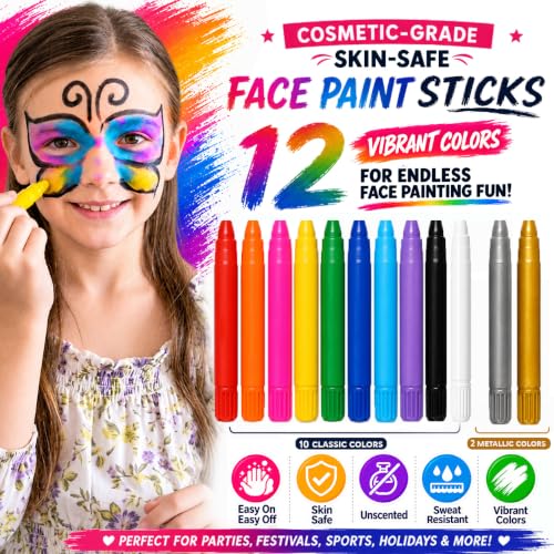 Jim&Gloria Face Paint Kit with Stencils, 12 Large Professional Face Painting Kit for Kids Party Makeup, Facepaint Washable Body Paint for Adults Skin Color Crayons, Girls Christmas Gifts, Crafts Toys