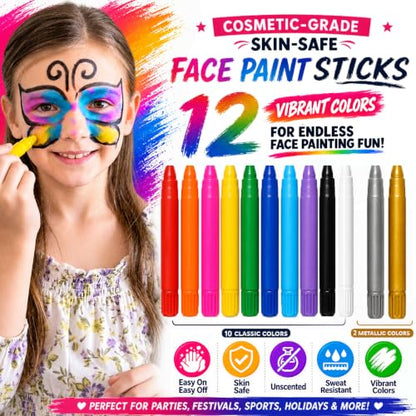 Jim&Gloria Face Paint Kit with Stencils, 12 Large Professional Face Painting Kit for Kids Party Makeup, Facepaint Washable Body Paint for Adults Skin Color Crayons, Girls Christmas Gifts, Crafts Toys