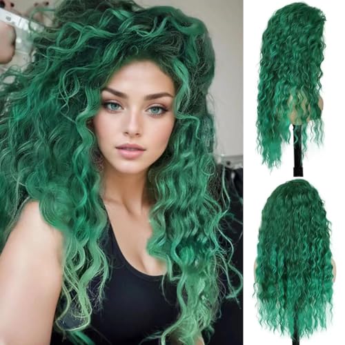 26 Inch Long Curly Green Wig Ombre Fluffy Synthetic Hair Medusa Cosplay Wig - color: Green