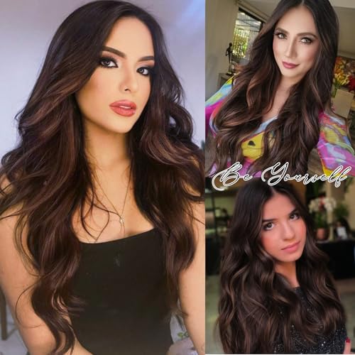 Aida ble Long Wavy Dark Brown Mix Blonde Highlight Wig for Women 26inch | Natural Looking Synthetic Hair,Suitable for Daily Wear,Party,Halloween and Cosplay,Beginner-friendly,Lightweight and soft - color: Dark Brown Mixed Blonde Highlight