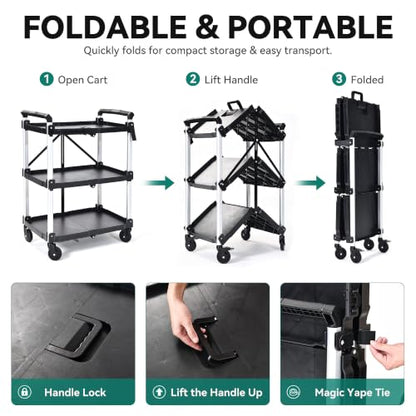 YITAHOME 3-Tier Large Folding Utility Cart w/Wheels(2 Brakes), 300lbs - size: 300 LBS with 31.1"L x 19.2"W x 41.3"H