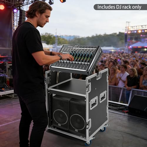 10U PA DJ Pro Audio Rack Road Case w/Slant Mixer Top, Heavy Duty Mobile Studio Equipment Cabinet, Network and Stereo Rack DJ Mixer Rack for Mixers & Live Sound - size: 10U / Side Tables