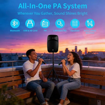 Portable 15" 1600W 2-Way Rechargeable Powered Dj PA Speaker System with Bluetooth, Rechargeable Battery, 2 Wireless Mics, USB, SD, FM Radio, Remote & Speaker Stand for Parties, Events, gigs, Outdoor - size: 15 inch