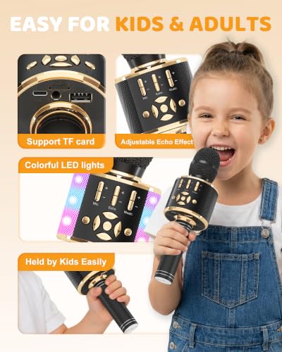 Amazmic Kids Karaoke Microphone Machine Toy Bluetooth Microphone Portable Wireless Karaoke Machine Handheld with LED Lights, Gift for Children Adults Birthday Party, Home KTV(Black Gold) - color: Black Gold