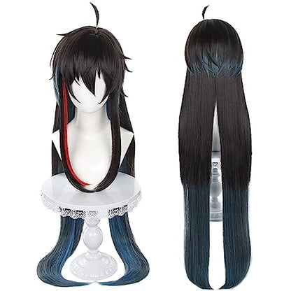 Anime Black Blue mixed Red Wigs Men Long Straight Wig with Ahoge Bangs Layered Haircut Adult Game Dragon Lunae Cosplay Wigs Halloween,Christmas,Comic con,Game Show,Party - color: Black Blue