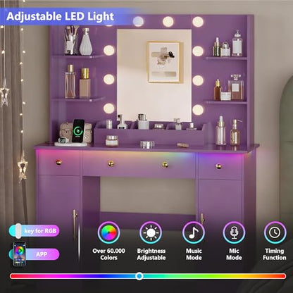 HUANLEGO Vanity Desk with Mirror and Lights, Makeup Vanity with Mirror and LED Lights & Power Outlet, 3 Drawers and Cabinets, 3 Lighting Modes Dressing Table Set for Girls Women Bedroom,Purple - size: 43.7x15.7x57.6 in, style: Purple