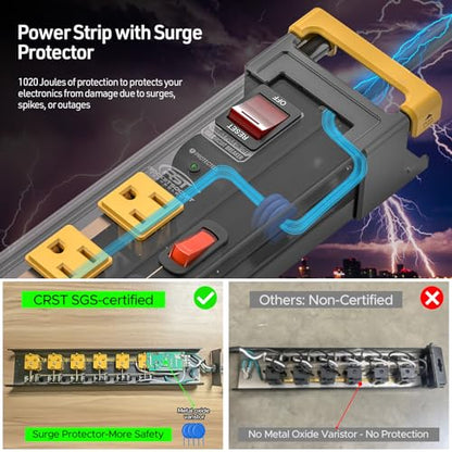 CRST 6-Outlet Metal Power Strip with Individual Switches 15A/1875W, 15FT - color: Black+Yellow, size: 6 Outlet-15FT