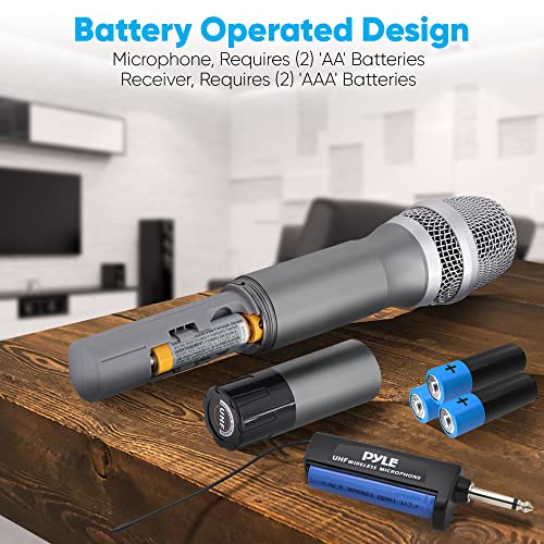 Pyle Dual UHF Wireless Microphone System - Professional Handheld Dynamic Cordless Mics with Receiver Kit - Battery Powered, Unidirectional, Clear Vocals w/ 165ft+ Range - for PA, Karaoke, DJ, Party