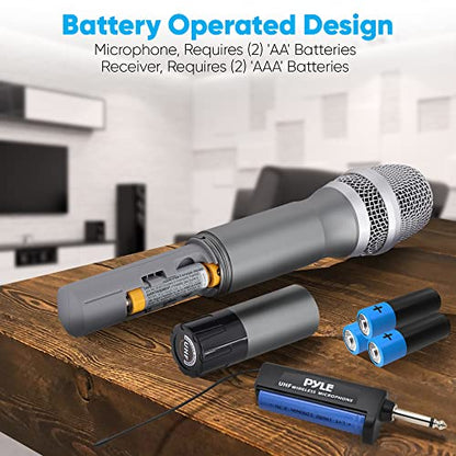 Pyle Dual UHF Wireless Microphone System - Professional Handheld Dynamic Cordless Mics with Receiver Kit - Battery Powered, Unidirectional, Clear Vocals w/ 165ft+ Range - for PA, Karaoke, DJ, Party